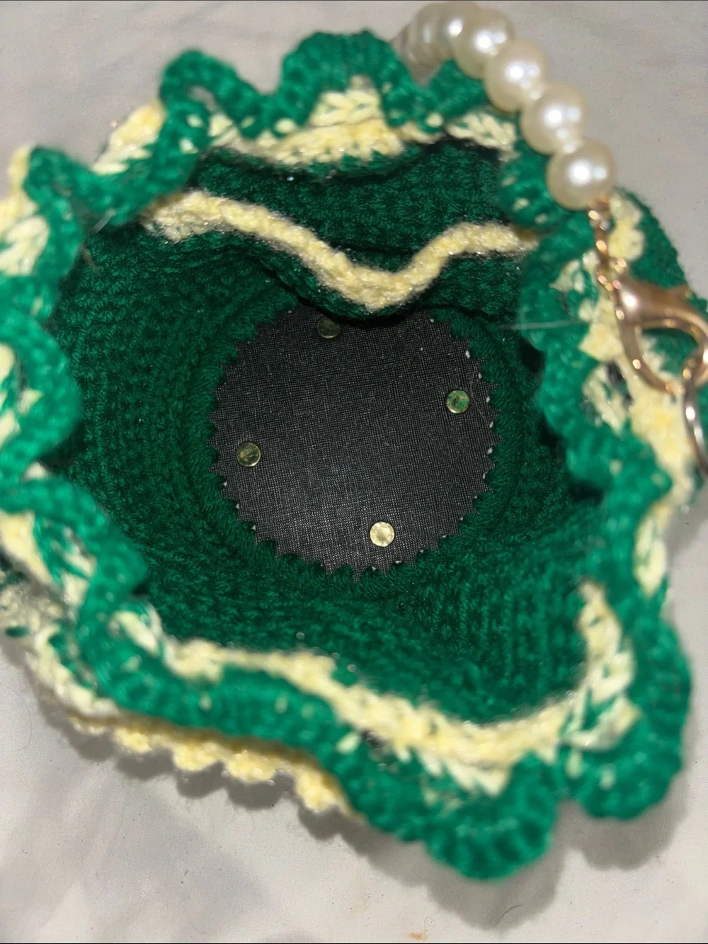 Handcrafted Green Crochet Drawstring hand Bag with Pearl Handle fairy floral